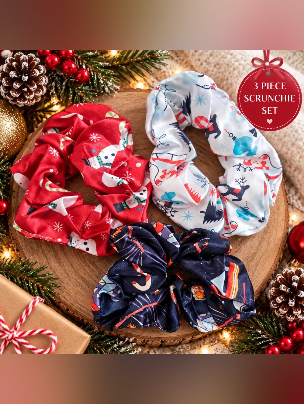 Holiday Scrunchie 3 Piece Set  Red White & Navy Santa Snowman Presents Candy New